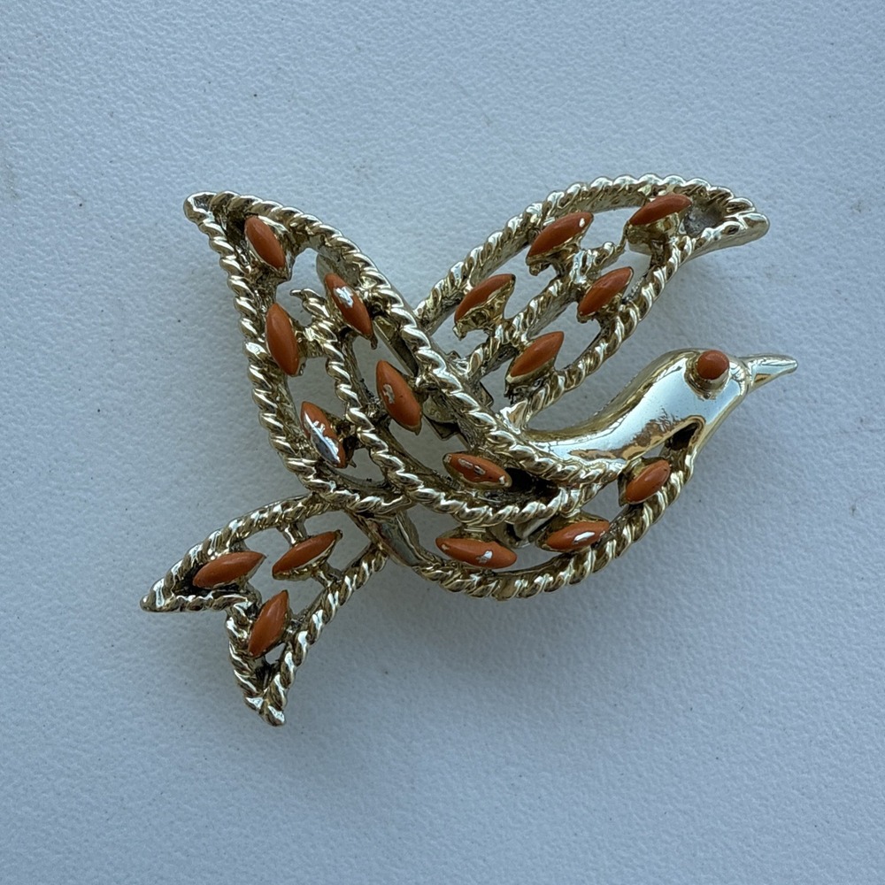 Vintage Gerry's Peace Dove Brooch or Pendant 1.94" Coral Faux Stones Gold Tone